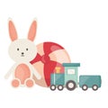 Stuffed bunny with balloon plastic and train square frame and birthday elements vector illustraitor