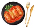 Stuffed cabbage roll with minced meat and rice. Watercolor illustration