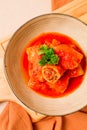 Stuffed cabbage rolls, with minced meat, in tomato sauce, on a beige background, top view, no people, selective focus.