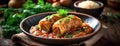 Stuffed cabbage rolls with rice served on a rustic table, garnished with fresh herbs. Panorama with copy space. Royalty Free Stock Photo