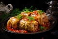 Stuffed cabbage rolls on a traditional plate. Hearty Ukrainian dish with tomato sauce. Concept of Eastern European Royalty Free Stock Photo