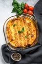 Stuffed cannelloni with bechamel sauce. Pasta baked with beef meat, cream sauce, cheese. Gray background. top view Royalty Free Stock Photo