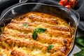 Stuffed cannelloni with bechamel sauce. Pasta baked with beef meat, cream sauce, cheese. Gray background. top view Royalty Free Stock Photo