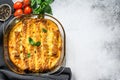 Stuffed cannelloni with bechamel sauce. Pasta baked with beef meat, cream sauce, cheese. Gray background. top view. Copy space Royalty Free Stock Photo