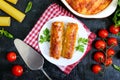 Stuffed cannelloni with bechamel sauce. Cannelloni pasta baked with meat, cream sauce, cheese on a black background. Top view, Royalty Free Stock Photo