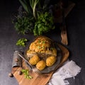 Stuffed cauliflower with mince and Hasselback potatoes