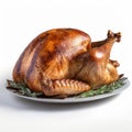 stuffed cooked thanksgiving turkey, on white background