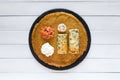 Stuffed crepes with smoked salmon, cream cheese and dill inside the dough. Thin pancakes with filling. Top view