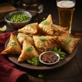 Delicious Samosas With Green Peas And A Refreshing Beer