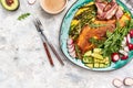 Stuffed egg omelette with vegetable, asparagus, fried egg, avocado, arugula, bacon ham and cheese. Low carb diet concept. high fat Royalty Free Stock Photo