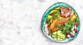 Stuffed egg omelette with vegetable, asparagus, fried egg, avocado, arugula, bacon ham and cheese. Low carb diet concept. high fat Royalty Free Stock Photo