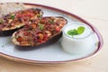 Stuffed Eggplant halves with tomato onion sweet pepper and cheese. Royalty Free Stock Photo