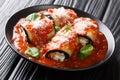 Stuffed eggplant with ricotta cheese in tomato sauce and served with parmesan and basil close-up in a plate. horizontal Royalty Free Stock Photo