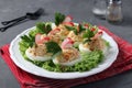 Stuffed eggs with crab sticks and cheese, a delicious festive snack. Closeup.