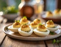 Stuffed eggs, deviled eggs on a small platter, on a wooden table, blurred background Royalty Free Stock Photo