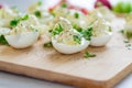 stuffed eggs, deviled eggs on a wooden table Royalty Free Stock Photo