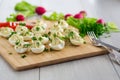 stuffed eggs, deviled eggs on a wooden table Royalty Free Stock Photo