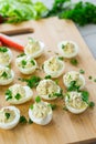 stuffed eggs, deviled eggs on a wooden table Royalty Free Stock Photo