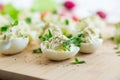 stuffed eggs, deviled eggs on a wooden table Royalty Free Stock Photo