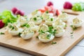 stuffed eggs, deviled eggs on a wooden table Royalty Free Stock Photo