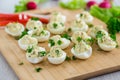 stuffed eggs, deviled eggs on a wooden table Royalty Free Stock Photo