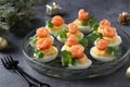 Stuffed eggs with salted salmon and cheese, a delicious festive snack on a dark background. Closeup