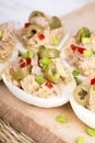 Stuffed eggs with tuna, olives and paprica