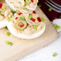 Stuffed eggs with tuna, olives and paprica