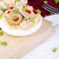 Stuffed eggs with tuna, olives and paprica