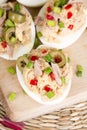 Stuffed eggs with tuna, olives and paprica