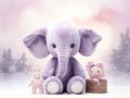 A stuffed elephant sitting next to two small dolls. Generative AI image.