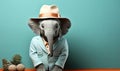 Stuffed elephant wearing a hat and a suit on teal background with copy space