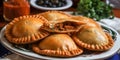 Stuffed empanada, freshly baked on a white plate.