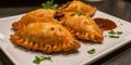 Stuffed empanada, freshly baked on a white plate.