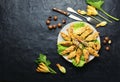 Stuffed fried zucchini flowers,copy space Royalty Free Stock Photo