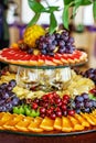 Stuffed fruit with oranges, kiwis, grapes, cherries and pineapples. The concept of healthy food and vegetarian. Royalty Free Stock Photo