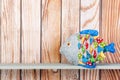 Stuffed funny fish on wooden background Royalty Free Stock Photo