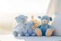 Stuffed kid toy animals in a gradient of blues are gathered in a bright, sun-kissed room, offering a peaceful and