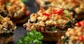 Stuffed mushrooms with spinach, bread crumbs and cheese on stone board Royalty Free Stock Photo