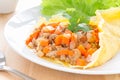 Stuffed Omelet With Carrot Onion Pork Lettuce in White Dish on W Royalty Free Stock Photo