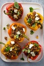 Stuffed pepper with quinoa and meat. Top view. Royalty Free Stock Photo
