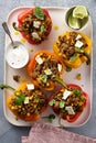 Stuffed pepper with quinoa and meat. Top view. Royalty Free Stock Photo