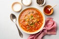 Stuffed pepper soup in bowl on concrete background Royalty Free Stock Photo