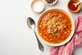 Stuffed pepper soup in bowl on concrete background Royalty Free Stock Photo