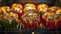 Stuffed peppers with melted cheese in the oven Royalty Free Stock Photo