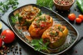 Stuffed peppers, tasty bell-peppers delicious cooked meal with meat greens