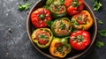 Stuffed peppers, tasty bell-peppers delicious cooked meal with meat greens