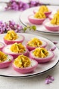 Stuffed Pink Boiled Deviled Eggs with pepper and mayonnaise Royalty Free Stock Photo