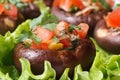 Stuffed portobello mushrooms on lettuce macro