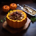 Stuffed pumpkin. Pumpkin as a dish of thanksgiving for the harvest, picture on a white isolated background
